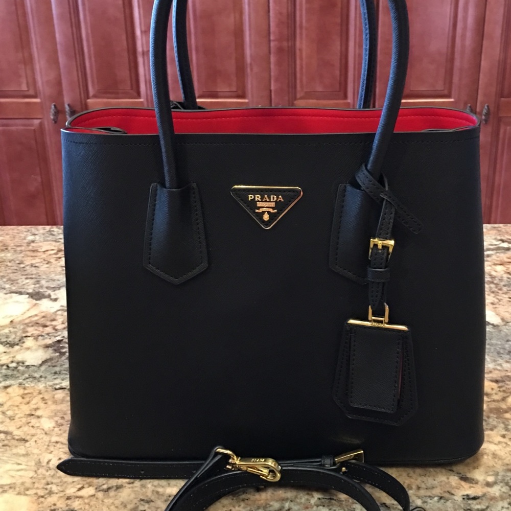 Prada double Saffiano leather handbag with strap